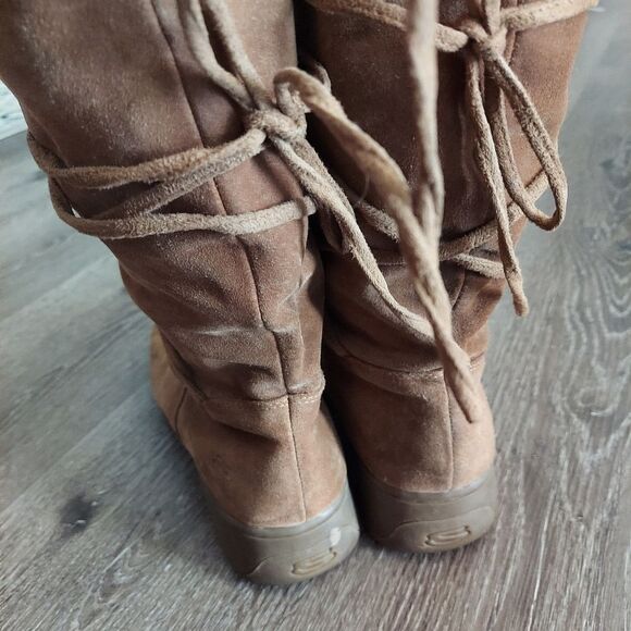 Vtg SKECHERS Tan Suede Leather Slouch Boot Mid Calf Tie Wrap Winter - Size 7 - Picture 5 of 7